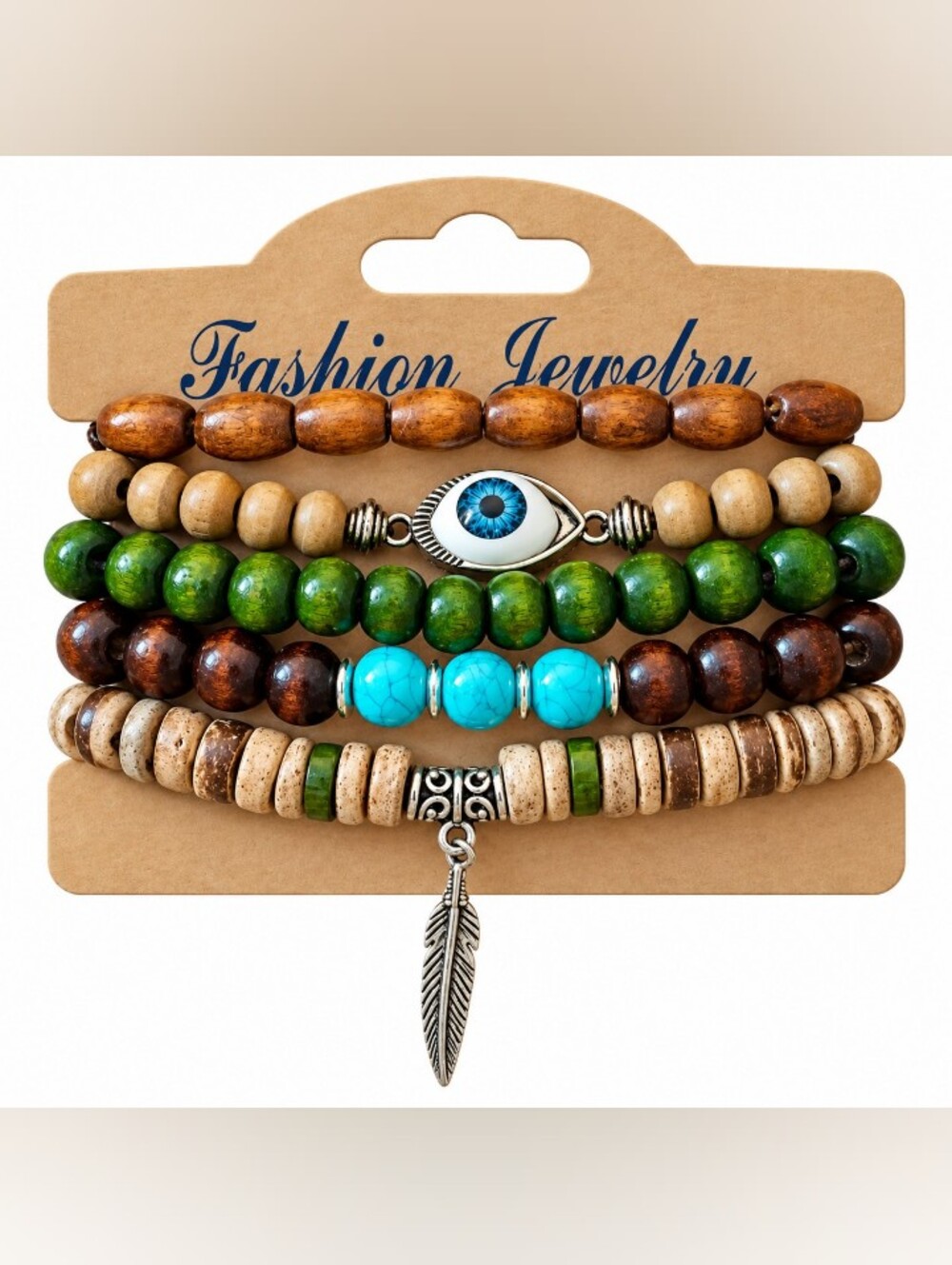 Boho Multi Strand Green Wood Bead Bracelet Set Turquoise Evil Eye Feather